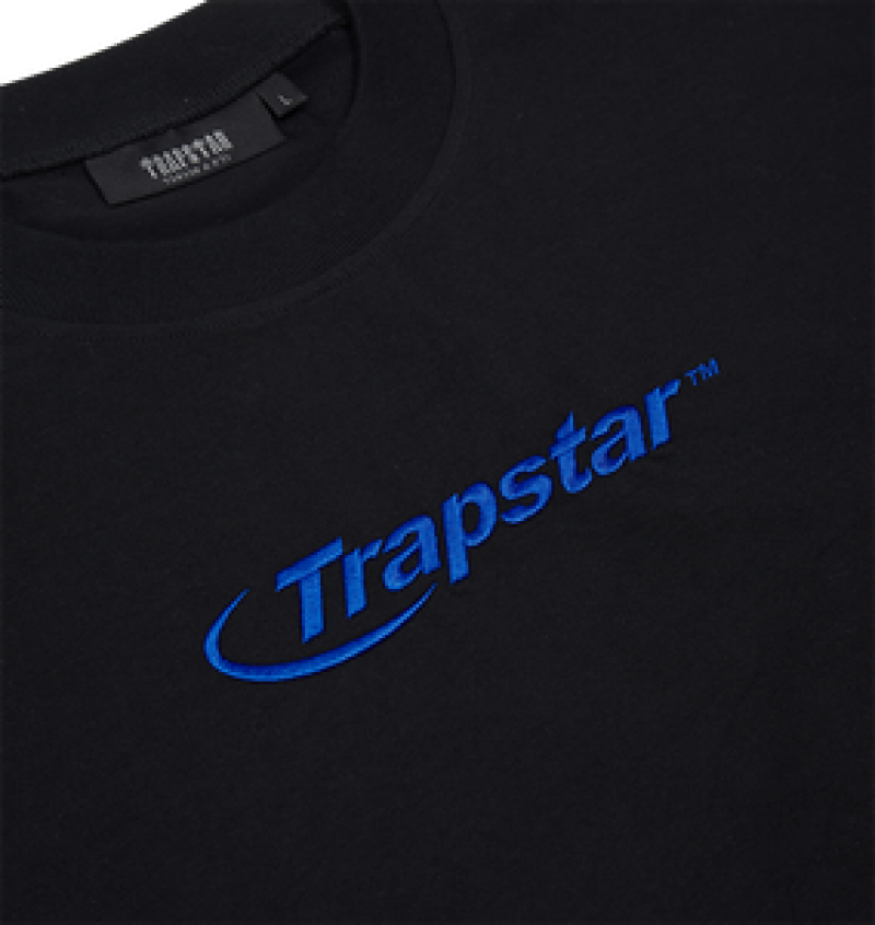 Koszulka Męskie Trapstar Hyperdrive Embroidered Czarne Niebieskie | 02546-SNGI