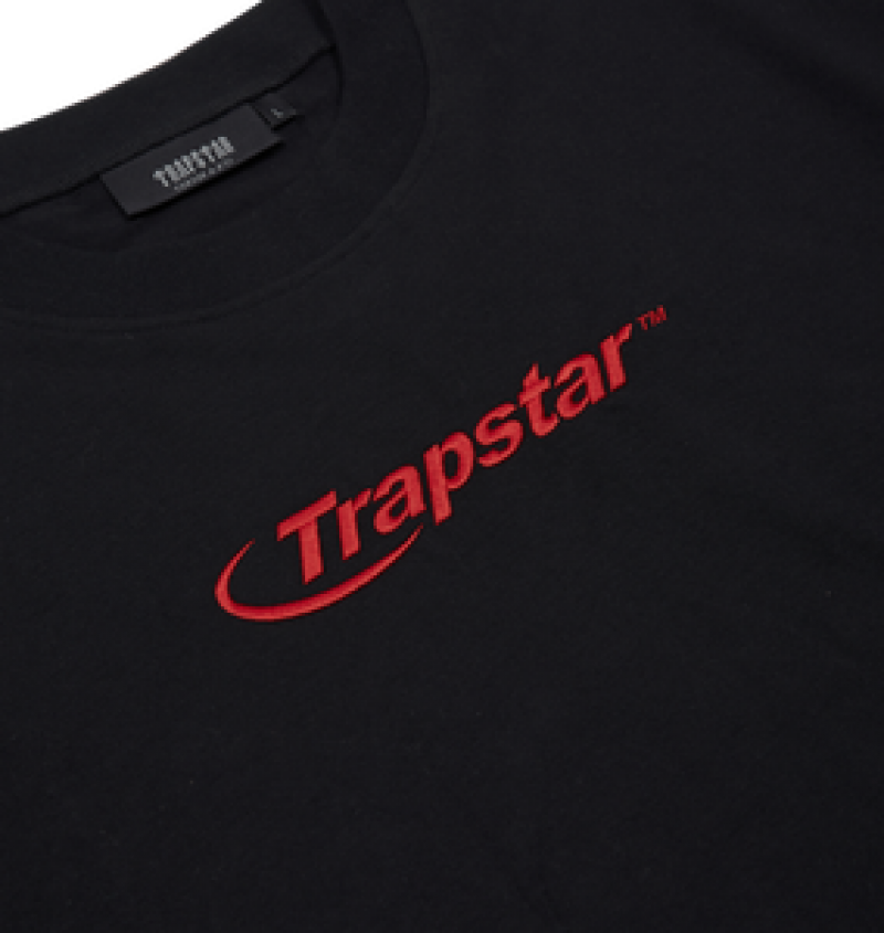 Koszulka Męskie Trapstar Hyperdrive Embroidered Czarne Czerwone | 89145-PIFV